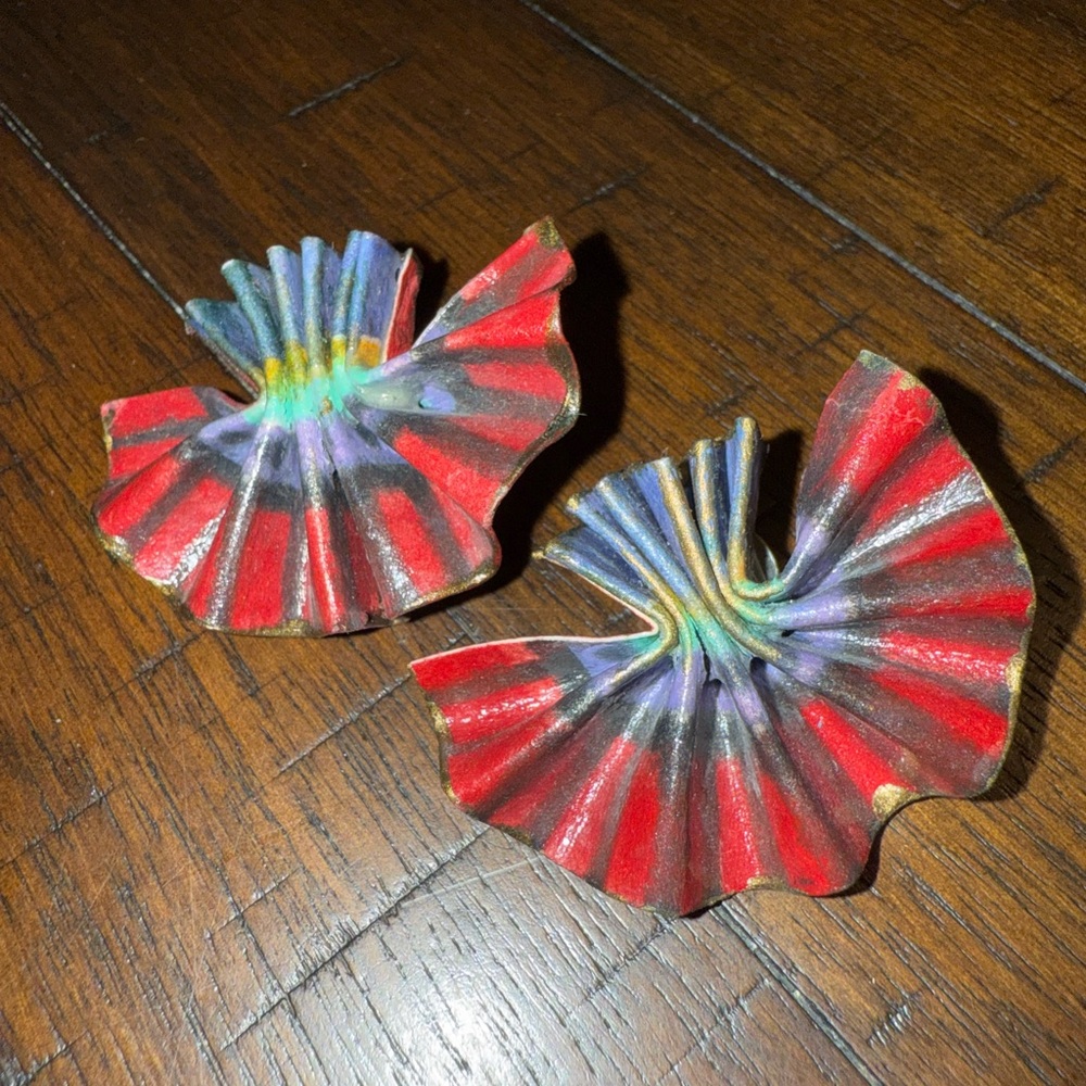 Vintage Handmade Paper Mache Signed Red & Blue Pierced Earrings Fans‎